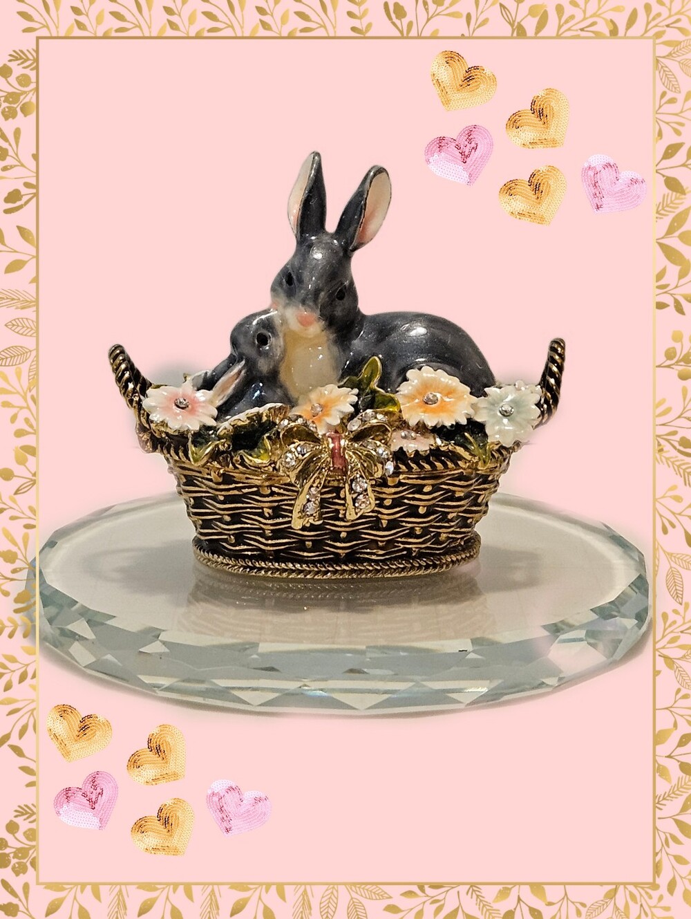 Ciel Mother Bunny & Baby In Flower Basket Trinket Box